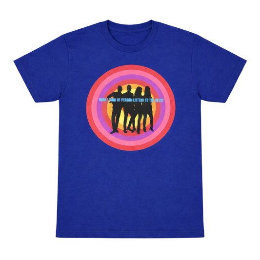 Royal blue cotton person blue t-shirt featuring vibrant circular graphic with four silhouettes and rainbow rings b-52s official