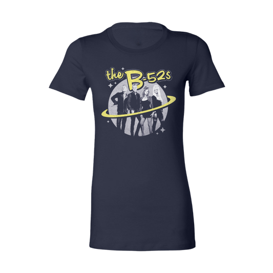 Dark blue planet claire ladies tee featuring the b 52s graphic with yellow lettering and saturn ring design