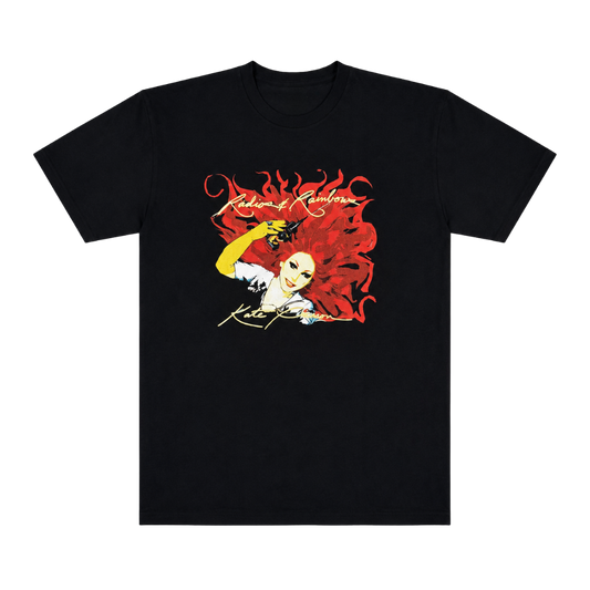 Black short-sleeved Radios & Rainbows t-shirt with vibrant kate bush graphic and radio 1 rainbow text from B-52s official merch