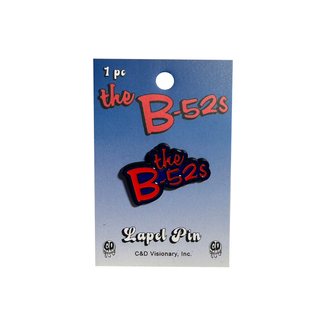 Red and black enamel logo lapel pin featuring the band name the b-52s in stylized lettering