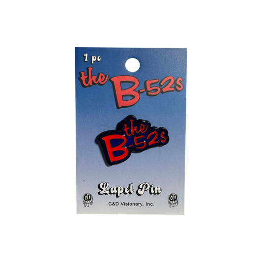Red and black enamel logo lapel pin featuring the band name the b-52s in stylized lettering