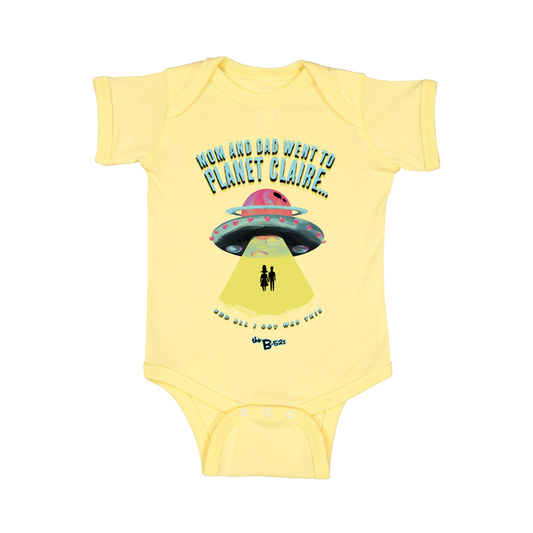 Yellow baby onesie with a UFO and text design on the front.