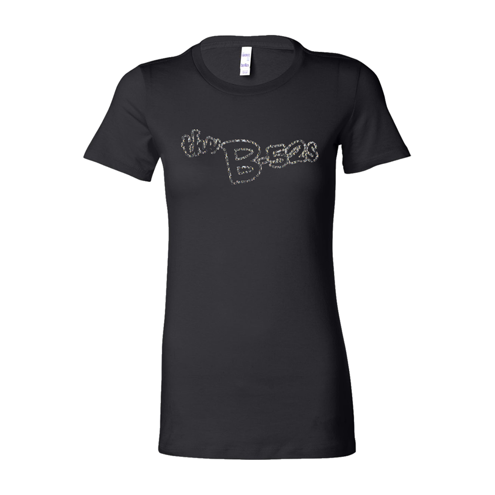 Black t-shirt with ’Um Bees’ written in a stylized, glittery text across the front.