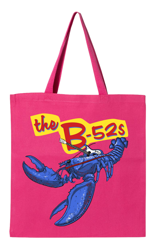 Bright pink tote bag featuring a blue lobster graphic and ’the B-52s’ text.