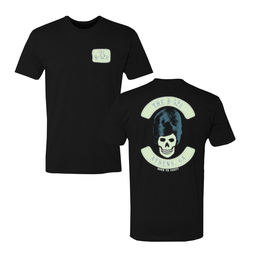 Black t-shirt with skull and text design on front and back.
