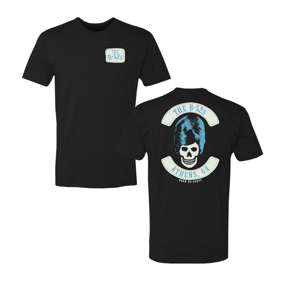 Black t-shirt with a skull logo and ’The B-52s Athens, GA’ text on the back.