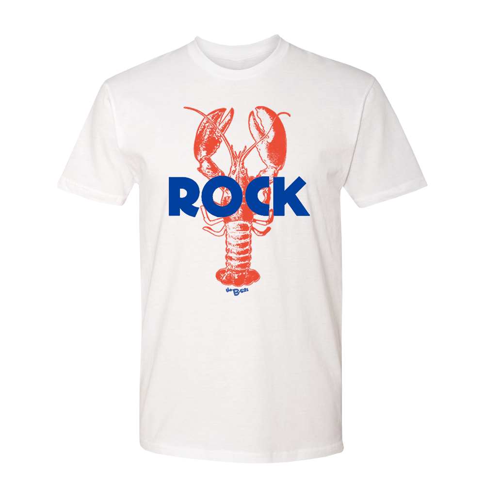 White t-shirt with a red lobster graphic and blue ’ROCK’ text.