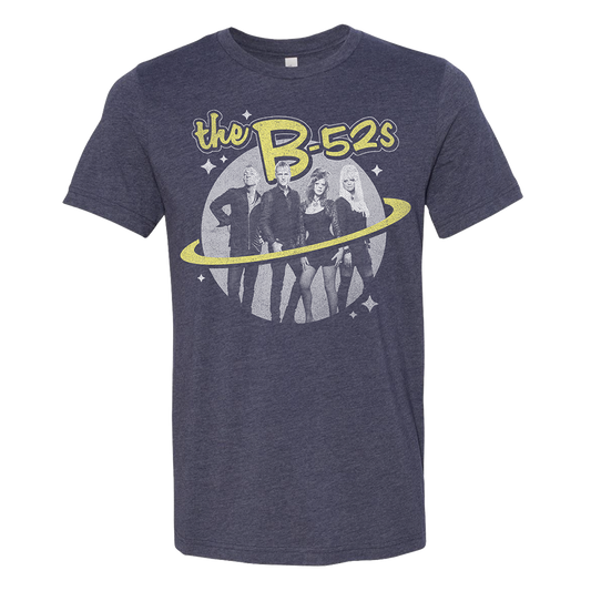 Navy blue t-shirt featuring a retro-style graphic design of ’The B-52s’ band.