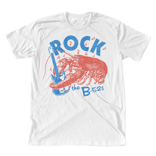 White t-shirt with a colorful rock-themed graphic design featuring ’ROCK’ text, a lobster, and a guitar.