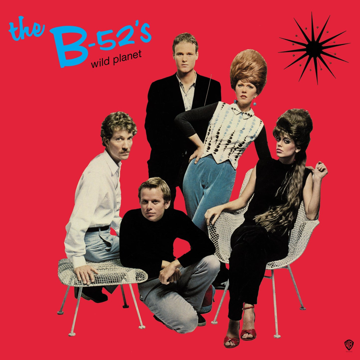 Album cover for ’Wild Planet’ by The B-52’s featuring five band members in retro-styled outfits and hairdos against a bright red background.