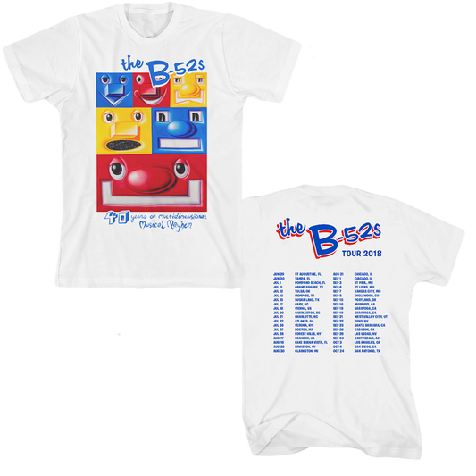 White t-shirt with colorful cartoon faces and tour dates printed on it.