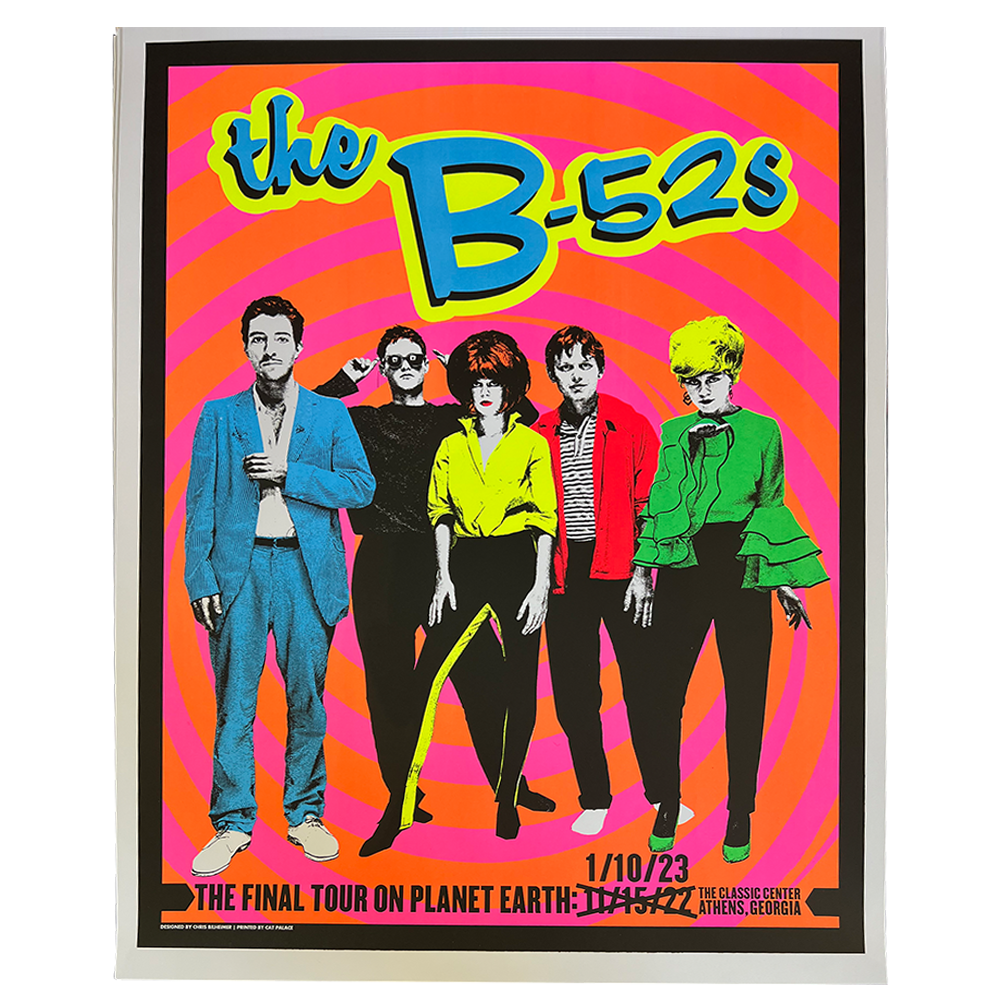 Vibrant psychedelic tour poster for the b-52s with bold band members in pink and orange from the b-52s official store