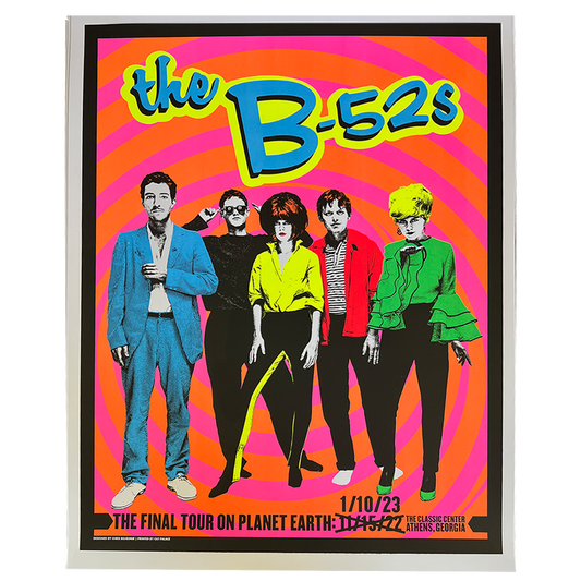 Vibrant psychedelic signed tour poster for the b-52s featuring band members in bold colors on a pink orange background