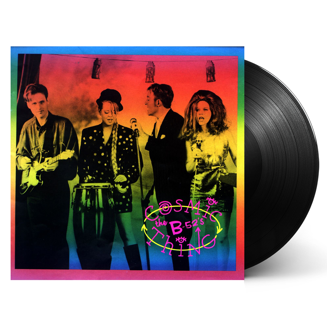 Vinyl record album cover for ’Cosmic Thing’ by The B-52’s featuring a colorful image of the band members.