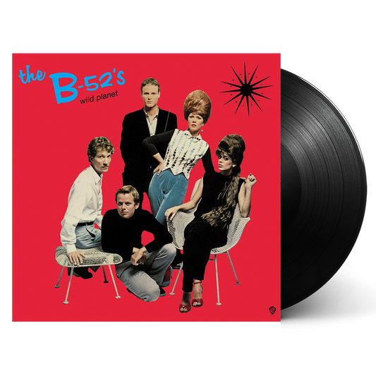 Album cover for ’Wild Planet’ by The B-52’s featuring the band members posed against a red background.